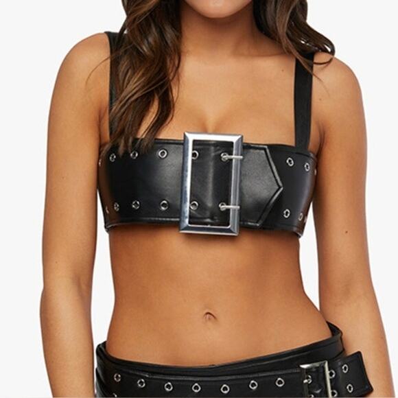 NWT WeWoreWhat Cropped Faux Leather Buckle Bandeau Top Silver Buckle XXL Black - Picture 1 of 15